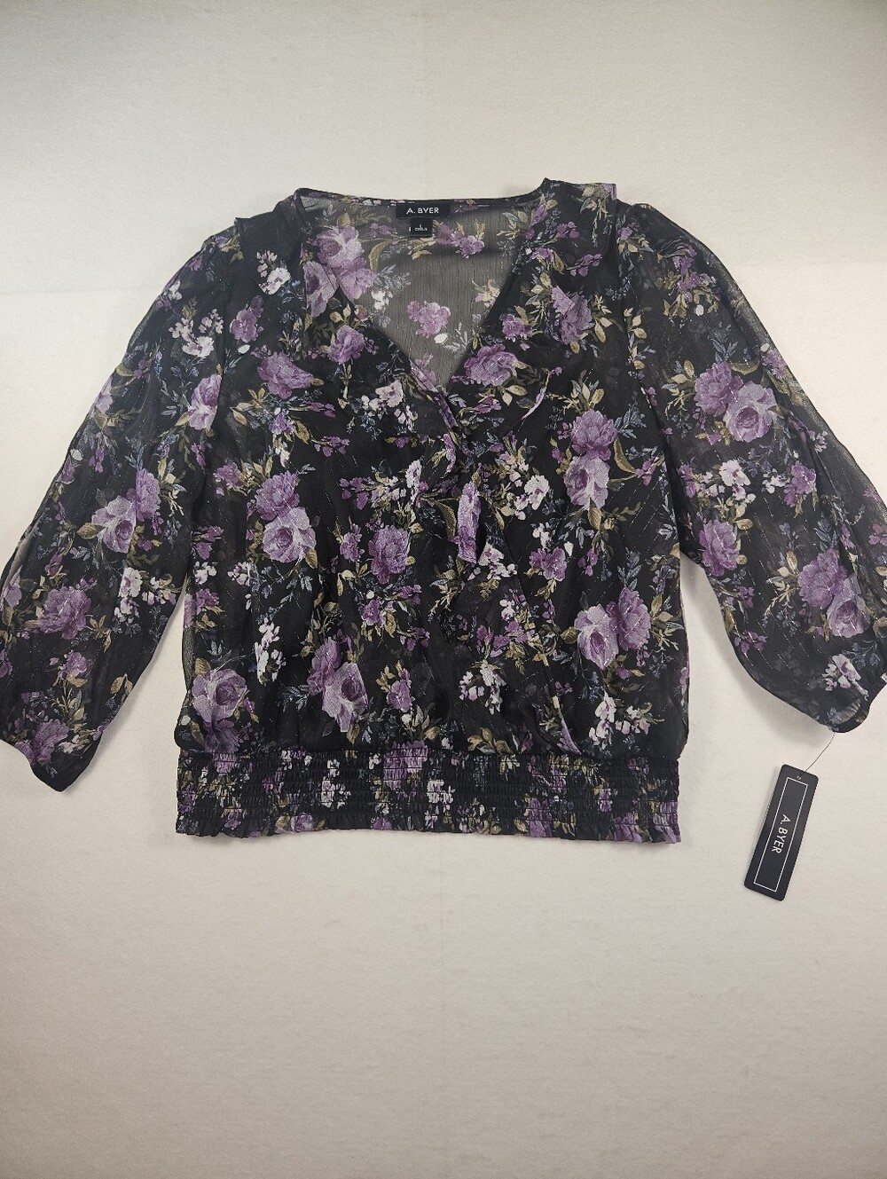 A. Byer Women's Sheer Black Top with Purple Floral Print & Smocked Hem Sz Large